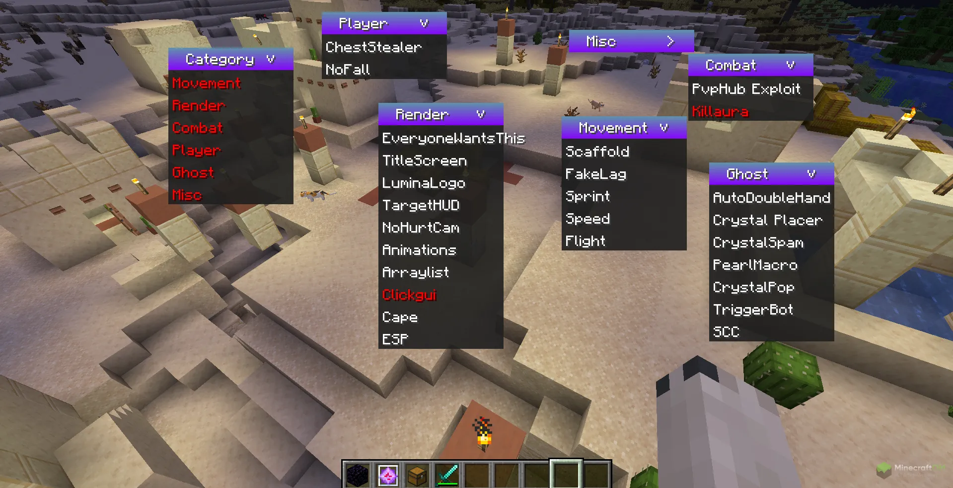 Старый вид панели с функциями чита Lumina